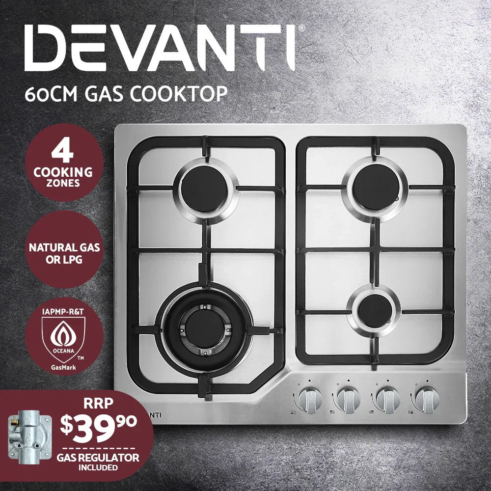 Devanti Gas Cooktop 60cm 4 Burner Silvir - Mekamart Australia