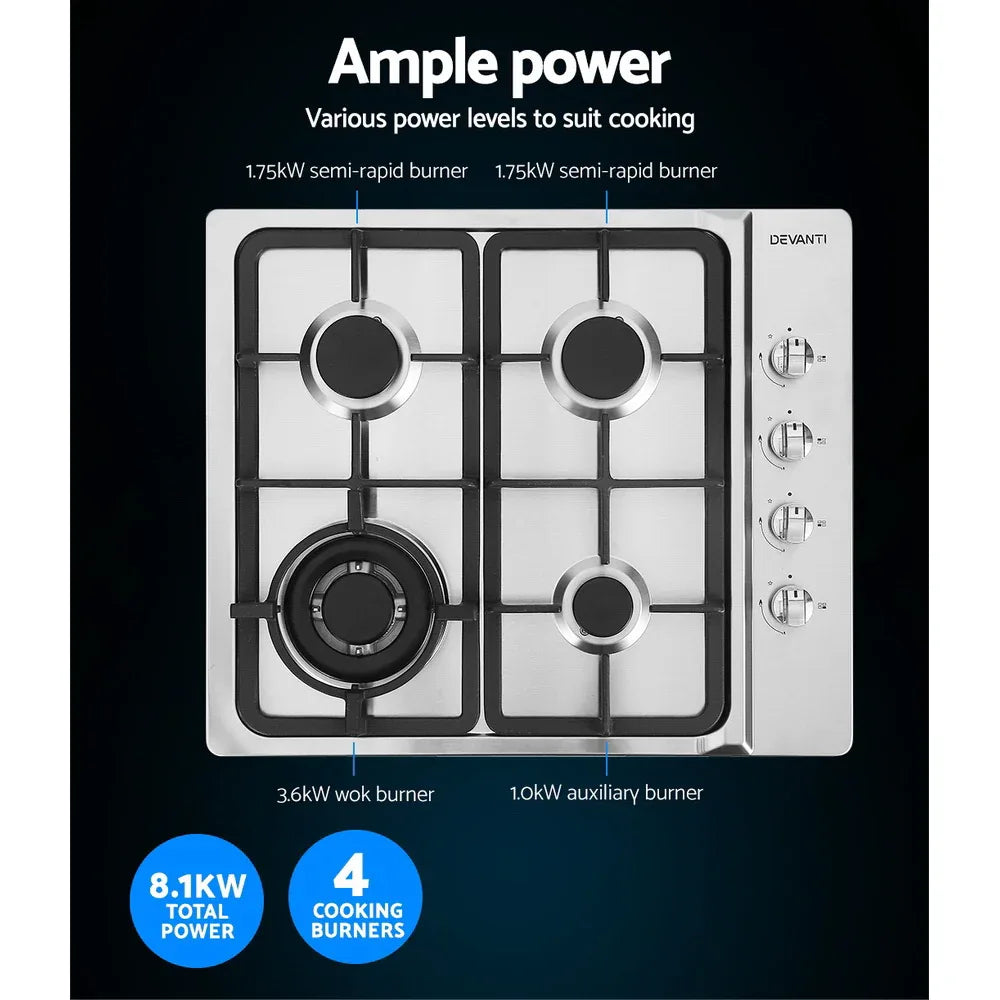 Devanti Gas Cooktop 60cm Stove Hob Silvir - Mekamart Australia