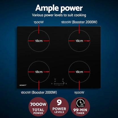 Devanti Electric Induction Cooktop 70cm Ceramic 4 Zones Stove Cook Top Hot Plate 7000W - Mekamart Australia