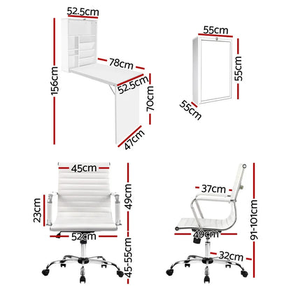 Artiss Computer Desk Office Chair Set PU Leather Wall Mount Foldable Table White - Mekamart Australia