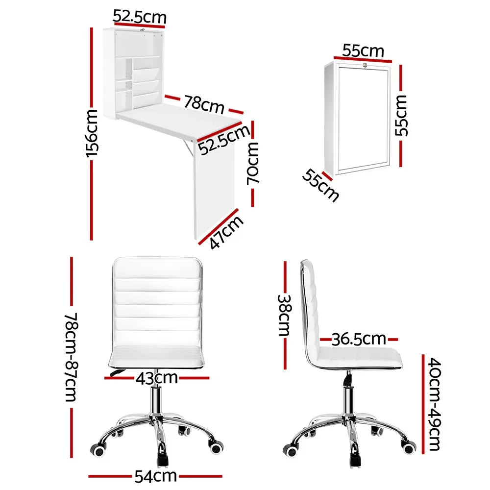 Artiss Computer Desk Office Chair Set PU Leather Wall Mount Foldable Table White - Mekamart Australia