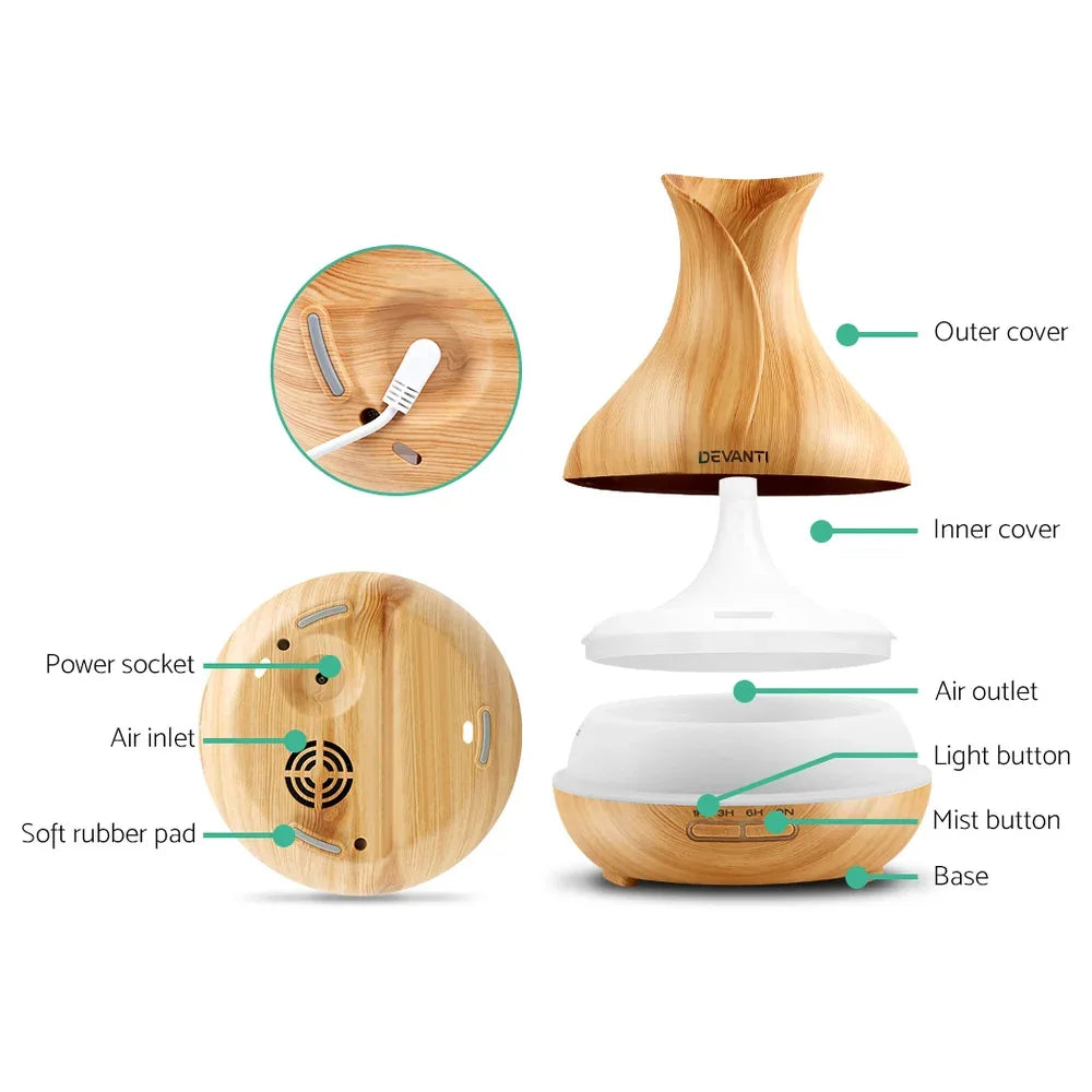 Devanti Aroma Diffuser Aromatherapy Light Wood 400ml - Mekamart Australia