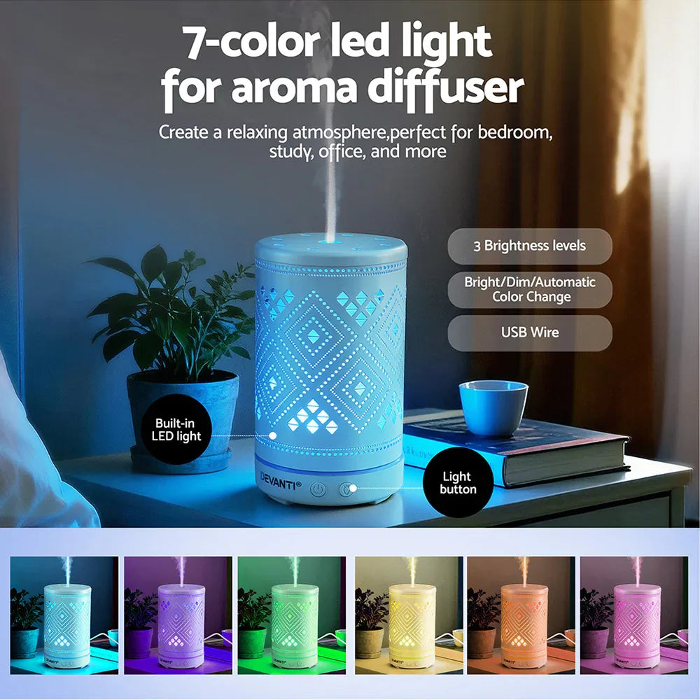 Devanti Ultrasonic Aroma Diffuser Aromatherapy 100ml LED Lights Iron Humidifier Forest - Mekamart Australia