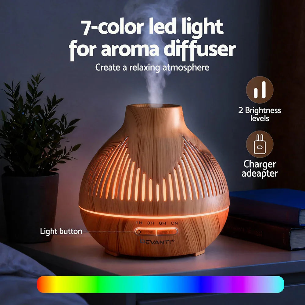 Devanti Ultrasonic Aroma Diffuser Aromatherapy 400ml LED Lights Iron Humidifier Forest Light wood grain - Mekamart Australia