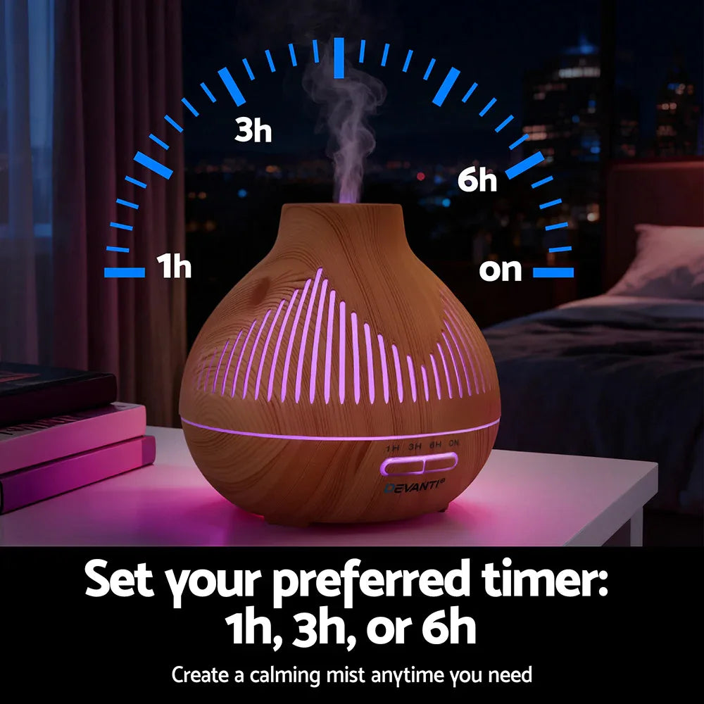 Devanti Ultrasonic Aroma Diffuser Aromatherapy 400ml LED Lights Iron Humidifier Forest Light wood grain - Mekamart Australia