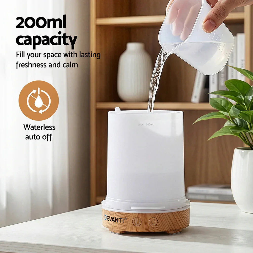 Devanti Ultrasonic Aroma Diffuser Aromatherapy 200ml LED Lights Iron Humidifier Forest Light wood grain - Mekamart Australia