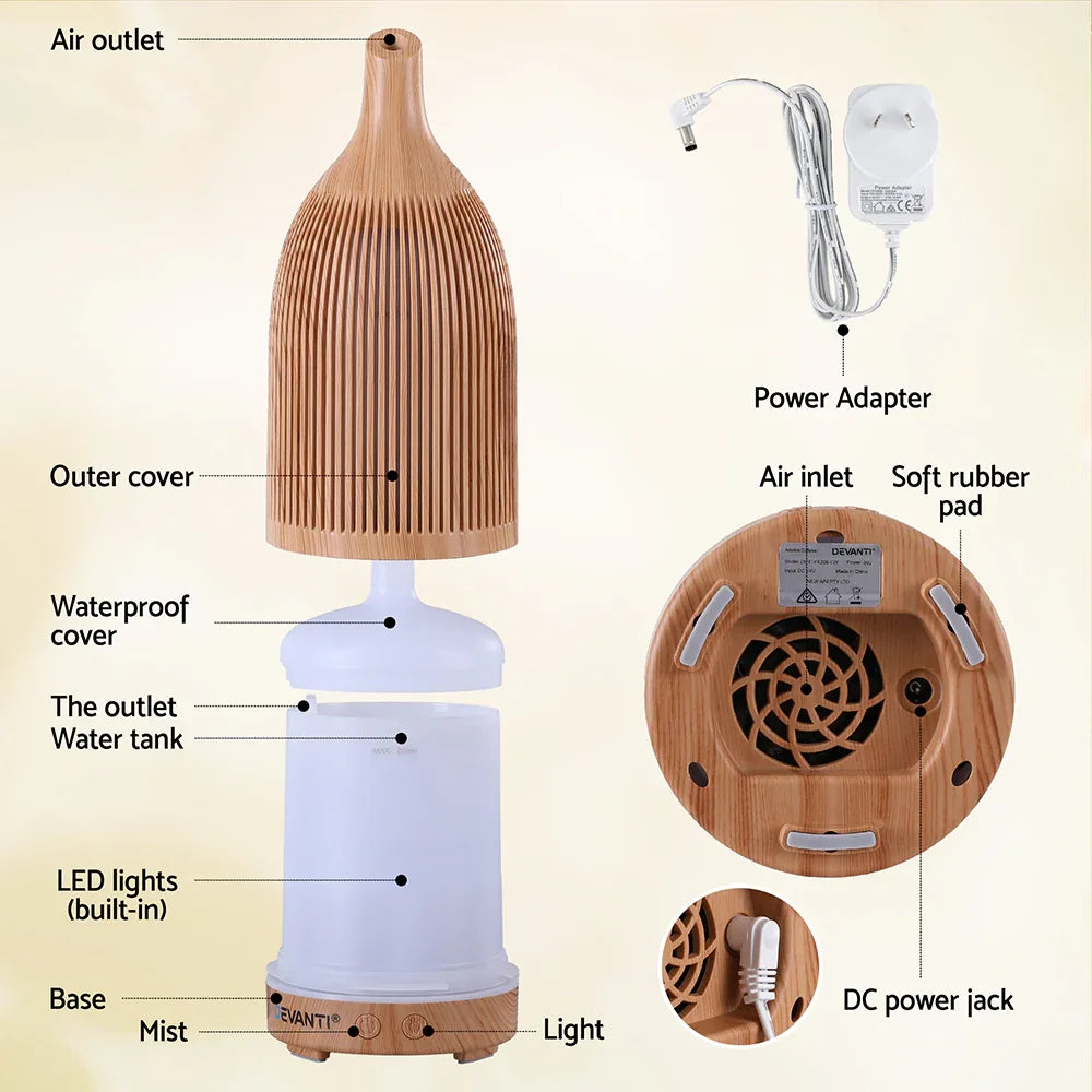 Devanti Ultrasonic Aroma Diffuser Aromatherapy 200ml LED Lights Iron Humidifier Forest Light wood grain - Mekamart Australia