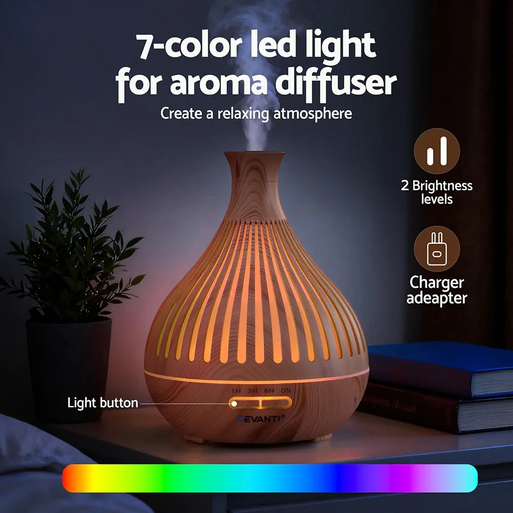 Devanti Ultrasonic Aroma Diffuser Aromatherapy 400ml LED Lights Iron Humidifier Forest Light wood grain - Mekamart Australia