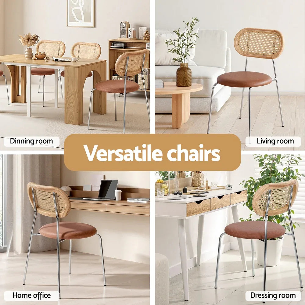 Artiss 2x Dining Chairs PU Leather Rattan Kitchen Lounge Cafe Accent Chair Brown - Mekamart Australia