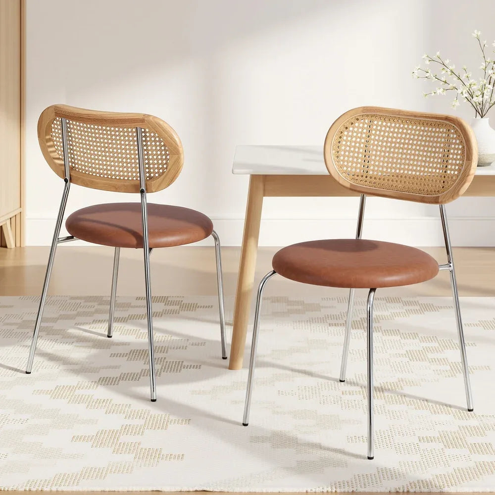 Artiss 2x Dining Chairs PU Leather Rattan Kitchen Lounge Cafe Accent Chair Brown - Mekamart Australia