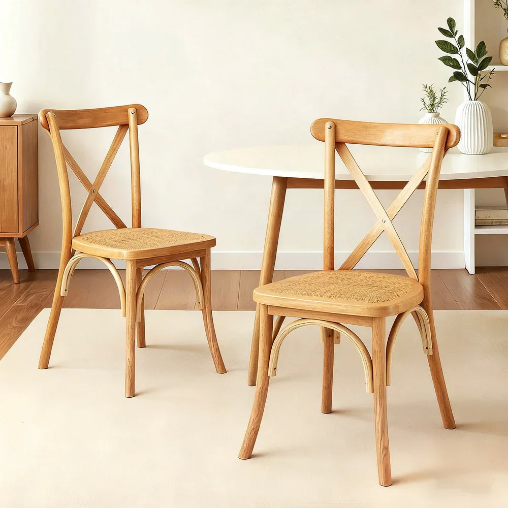 Artiss 2x Dining Chairs Rattan Wooden Kitchen Accent Chair Cafe Lounge Rubber Wood - Mekamart Australia