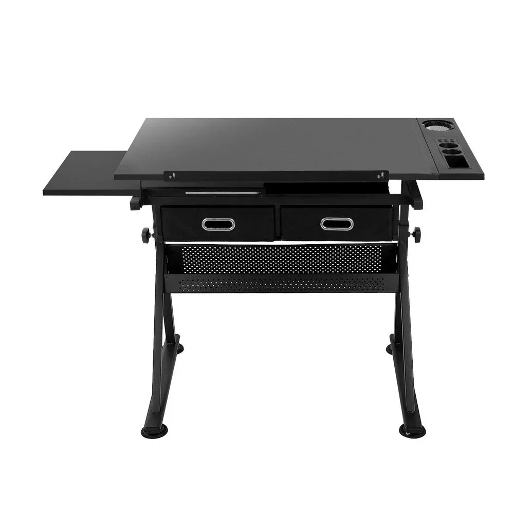 Artiss Drawing Desk Stool Set Drafting Table Adjustable Angle Tilt Drawers Black - Mekamart Australia