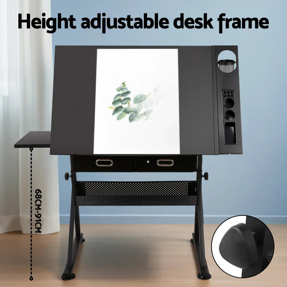 Artiss Drawing Desk Stool Set Drafting Table Adjustable Angle Tilt Drawers Black - Mekamart Australia