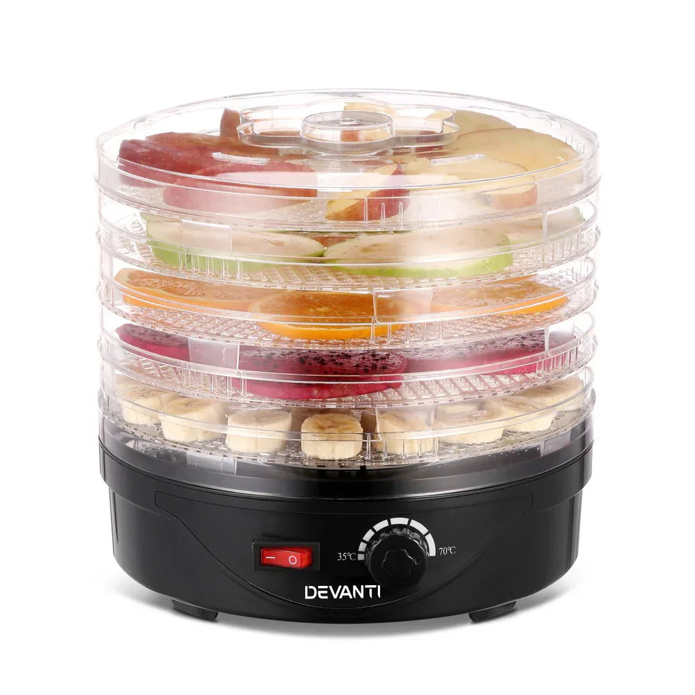Devanti 5 Trays Food Dehydrator Fruit Dehydrators Pet Beef Jerky Dryer Black - Mekamart Australia