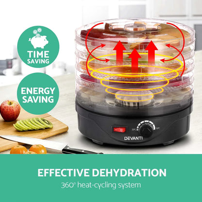 Devanti 5 Trays Food Dehydrator Fruit Dehydrators Pet Beef Jerky Dryer Black - Mekamart Australia