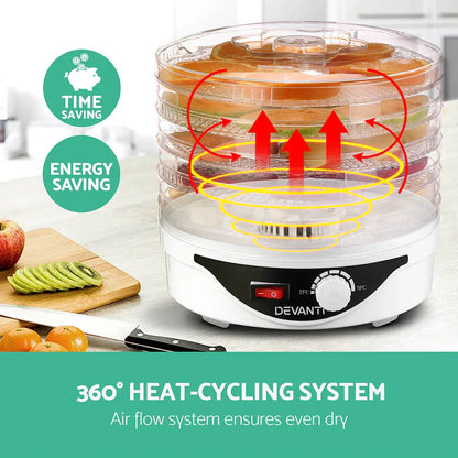Devanti 5 Trays Food Dehydrator Fruit Dehydrators Pet Beef Jerky Dryer White - Mekamart Australia