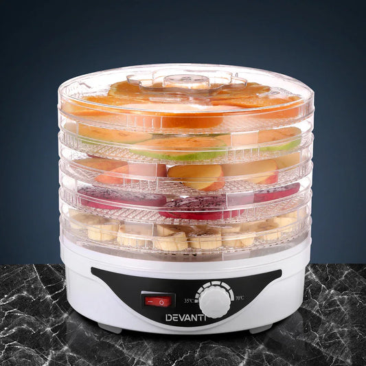 Devanti 5 Trays Food Dehydrator Fruit Dehydrators Pet Beef Jerky Dryer White - Mekamart Australia