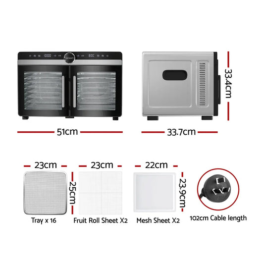 Devanti 16 Trays Food Dehydrator Dual-Zone Stainless Steel - Mekamart Australia