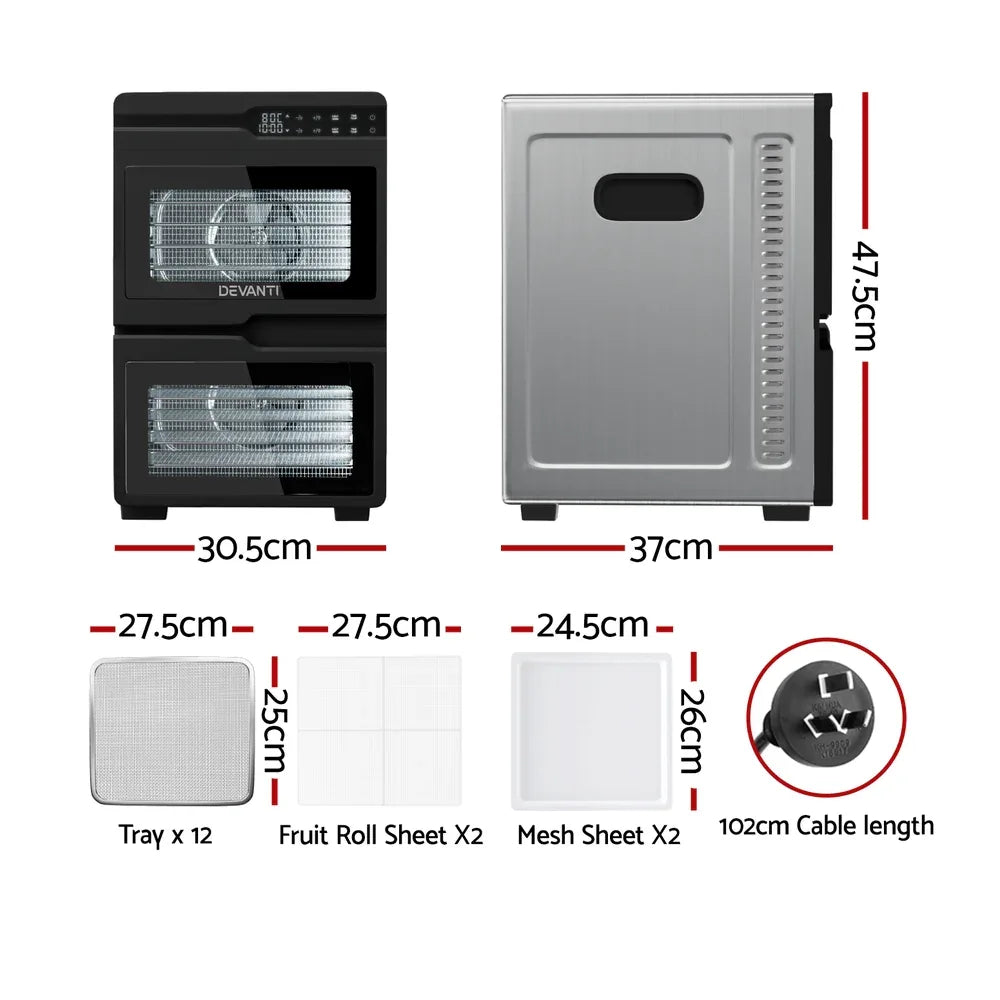 Devanti 12 Trays Food Dehydrator Dual-Zone Stainless Steel Fruit Jerky Dryer - Mekamart Australia