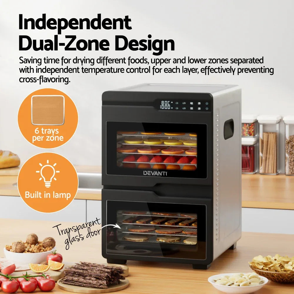 Devanti 12 Trays Food Dehydrator Dual-Zone Stainless Steel Fruit Jerky Dryer - Mekamart Australia