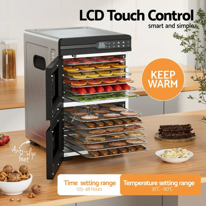 Devanti 12 Trays Food Dehydrator Dual-Zone Stainless Steel Fruit Jerky Dryer - Mekamart Australia