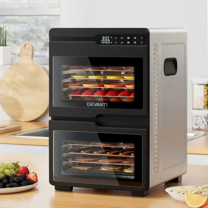 Devanti 12 Trays Food Dehydrator Dual-Zone Stainless Steel Fruit Jerky Dryer - Mekamart Australia