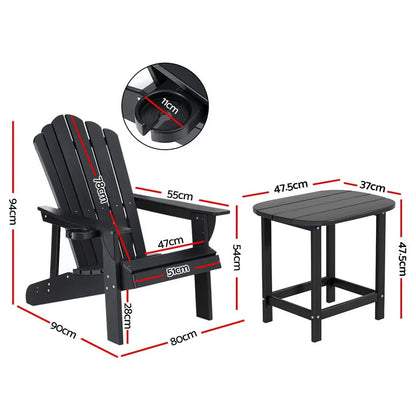 Gardeon Outdoor Table and Chairs HDPE Adirondack Beach Chair Sun Lounge Patio Furniture Garden Black - Mekamart Australia