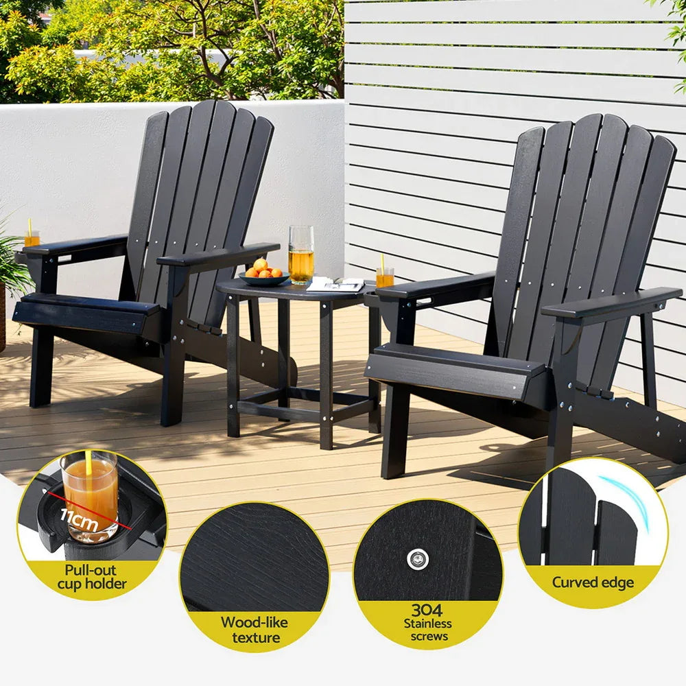Gardeon Outdoor Table and Chairs HDPE Adirondack Beach Chair Sun Lounge Patio Furniture Garden Black - Mekamart Australia
