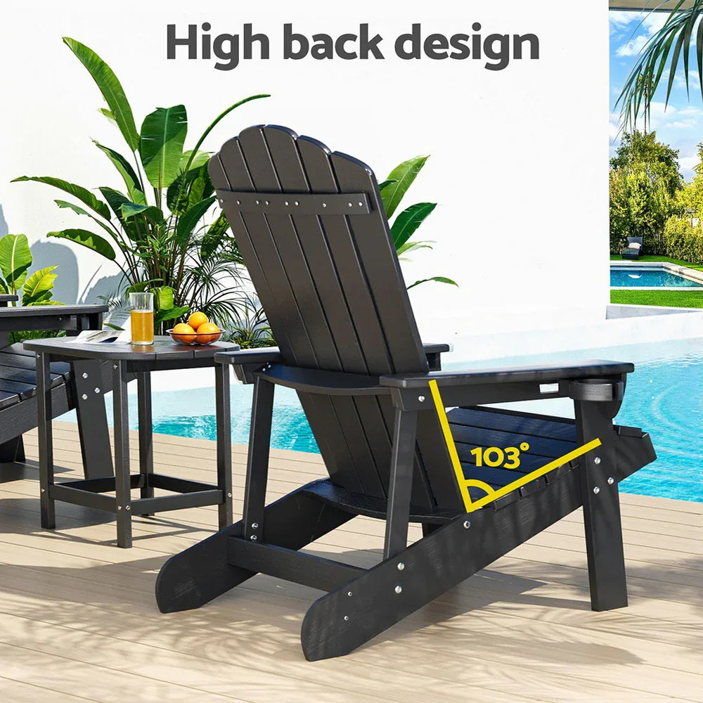Gardeon Outdoor Table and Chairs HDPE Adirondack Beach Chair Sun Lounge Patio Furniture Garden Black - Mekamart Australia