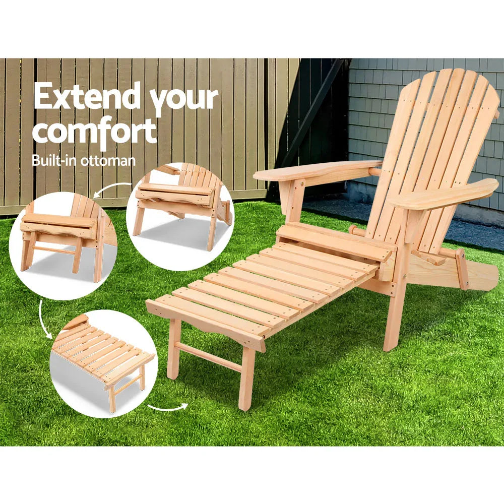 Gardeon 3PC Adirondack Outdoor Table and Chairs? Wooden Sun Lounge Beach Patio Natural - Mekamart Australia