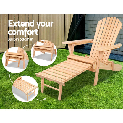 Gardeon 3PC Adirondack Outdoor Table and Chairs? Wooden Sun Lounge Beach Patio Natural - Mekamart Australia