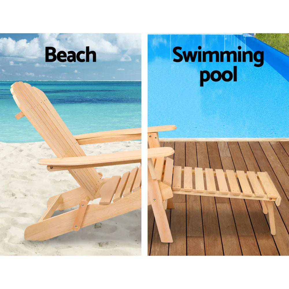 Gardeon 3PC Adirondack Outdoor Table and Chairs? Wooden Sun Lounge Beach Patio Natural - Mekamart Australia