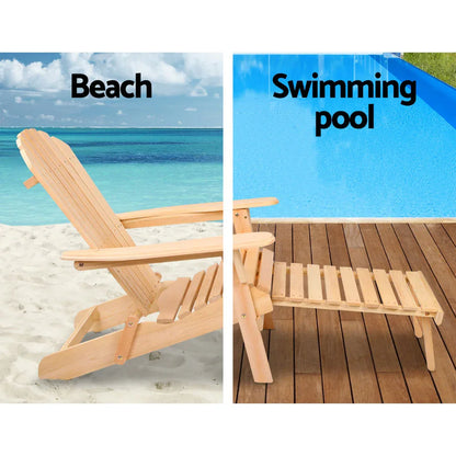 Gardeon 3PC Adirondack Outdoor Table and Chairs? Wooden Sun Lounge Beach Patio Natural - Mekamart Australia