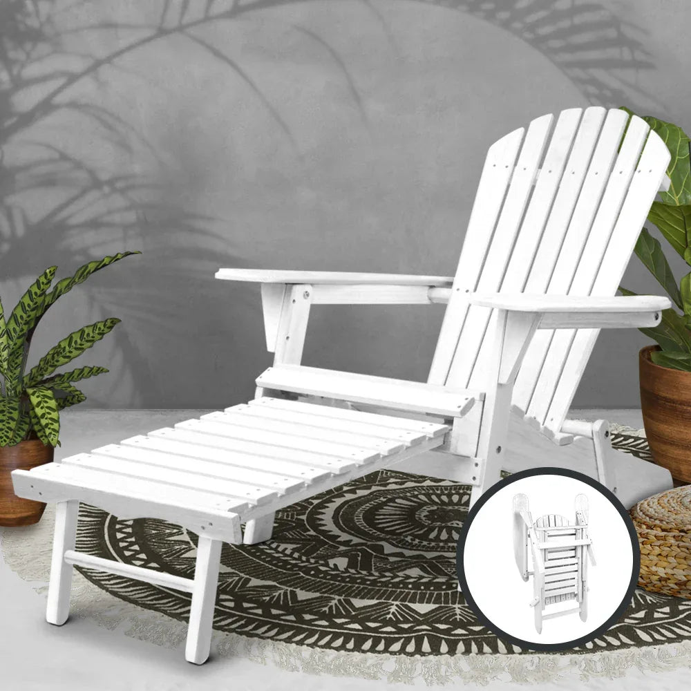 Gardeon Sun Lounge Outdoor Chairs Wooden Foldable Patio Furniture Adirondack White - Mekamart Australia