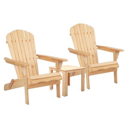 Gardeon 3PC Adirondack Outdoor Table and Chairs Wooden Foldable Beach Chair Natural - Mekamart Australia