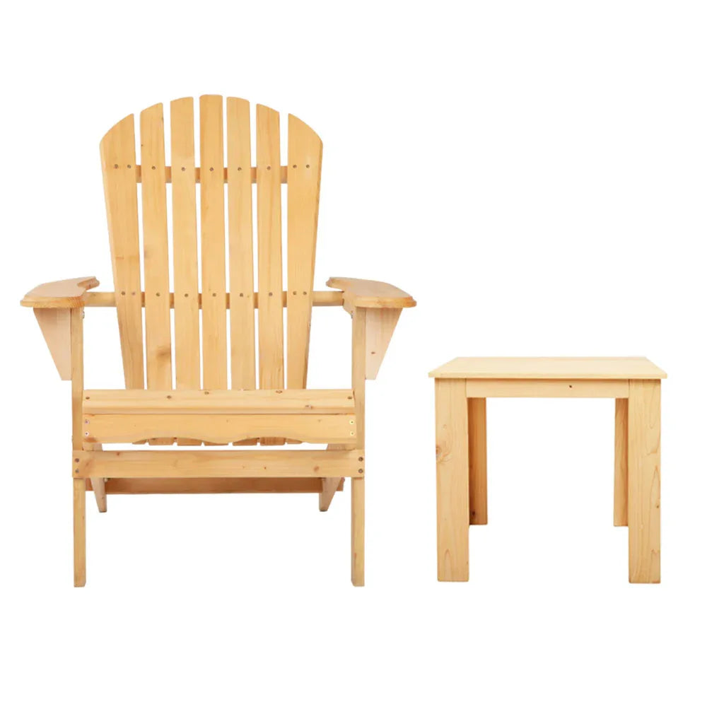 Gardeon 3PC Adirondack Outdoor Table and Chairs Wooden Foldable Beach Chair Natural - Mekamart Australia