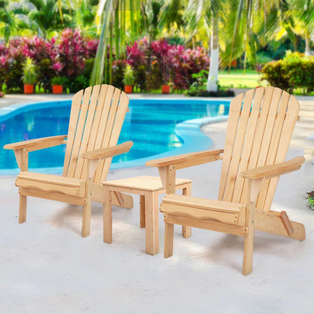 Gardeon 3PC Adirondack Outdoor Table and Chairs Wooden Foldable Beach Chair Natural - Mekamart Australia