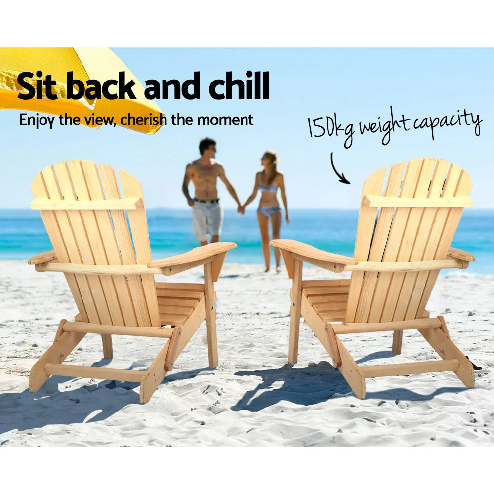 Gardeon 3PC Adirondack Outdoor Table and Chairs Wooden Foldable Beach Chair Natural - Mekamart Australia