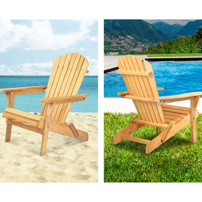 Gardeon 3PC Adirondack Outdoor Table and Chairs Wooden Foldable Beach Chair Natural - Mekamart Australia