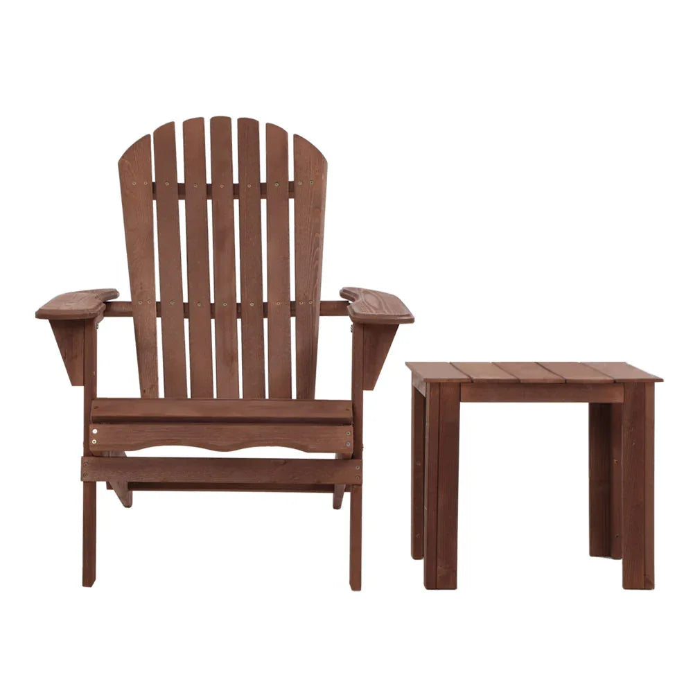 Gardeon 3PC Adirondack Outdoor Table and Chairs Wooden Foldable Beach Chair Brown - Mekamart Australia