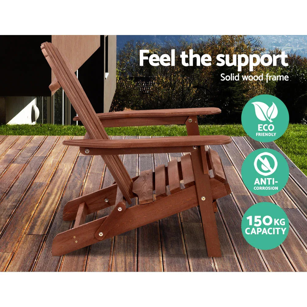 Gardeon 3PC Adirondack Outdoor Table and Chairs Wooden Foldable Beach Chair Brown - Mekamart Australia