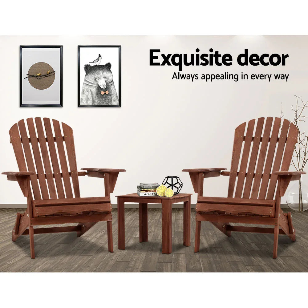 Gardeon 3PC Adirondack Outdoor Table and Chairs Wooden Foldable Beach Chair Brown - Mekamart Australia