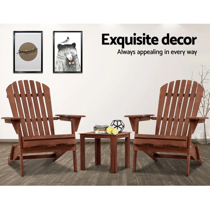 Gardeon 3PC Adirondack Outdoor Table and Chairs Wooden Foldable Beach Chair Brown - Mekamart Australia
