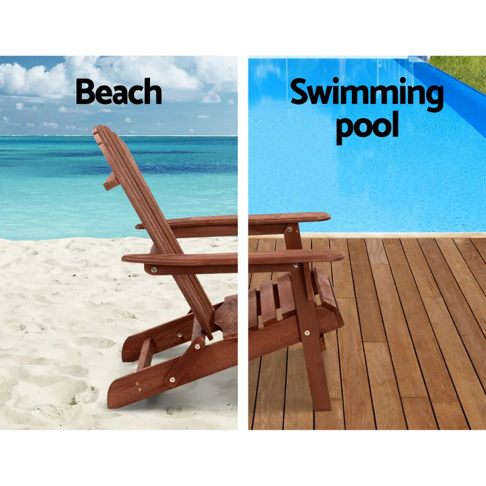 Gardeon 3PC Adirondack Outdoor Table and Chairs Wooden Foldable Beach Chair Brown - Mekamart Australia