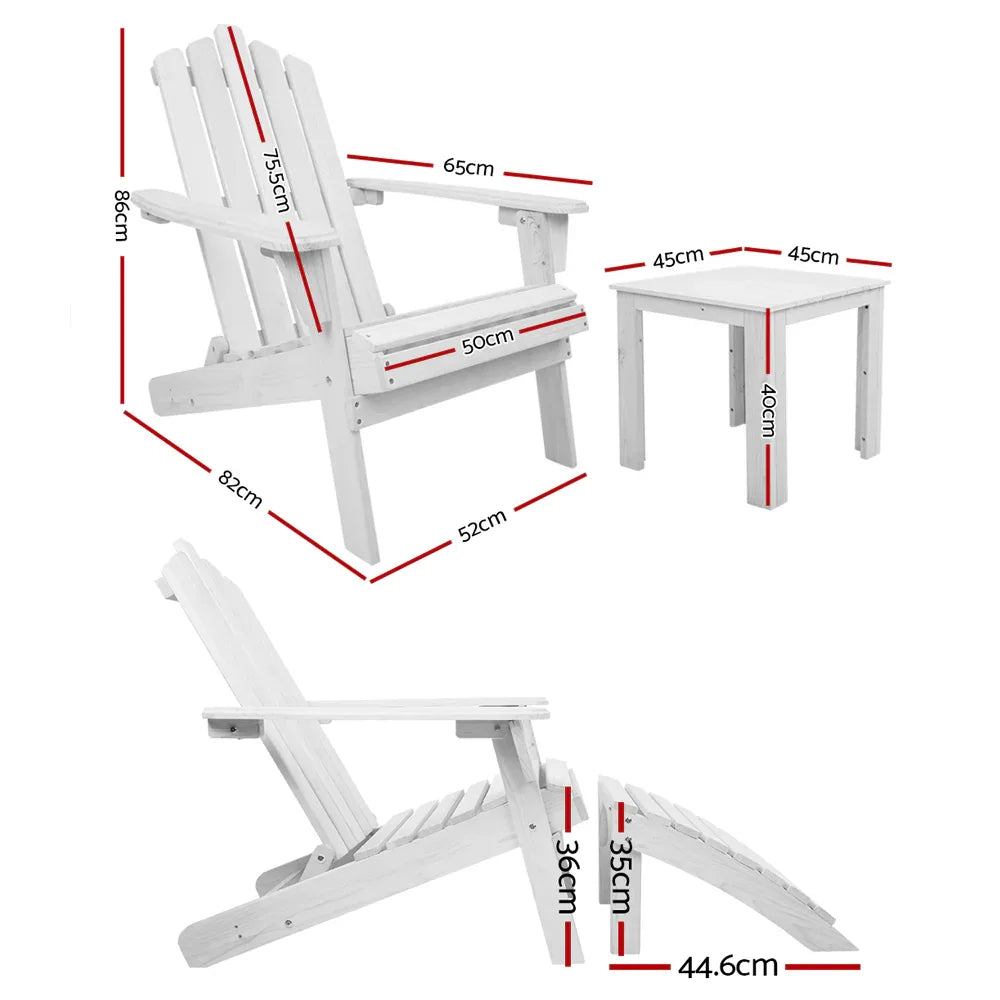 Gardeon 5PC Adirondack Outdoor Table and Chairs Wooden Sun Lounge Patio Furniture White - Mekamart Australia
