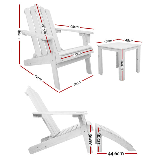 Gardeon 5PC Adirondack Outdoor Table and Chairs Wooden Sun Lounge Patio Furniture White - Mekamart Australia