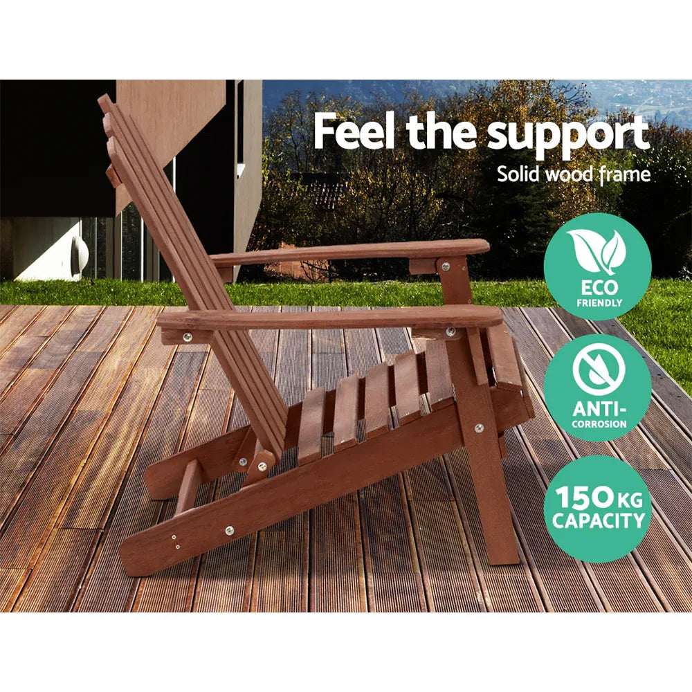 Gardeon 3PC Adirondack Outdoor Table and Chairs Wooden Beach Chair Brown - Mekamart Australia