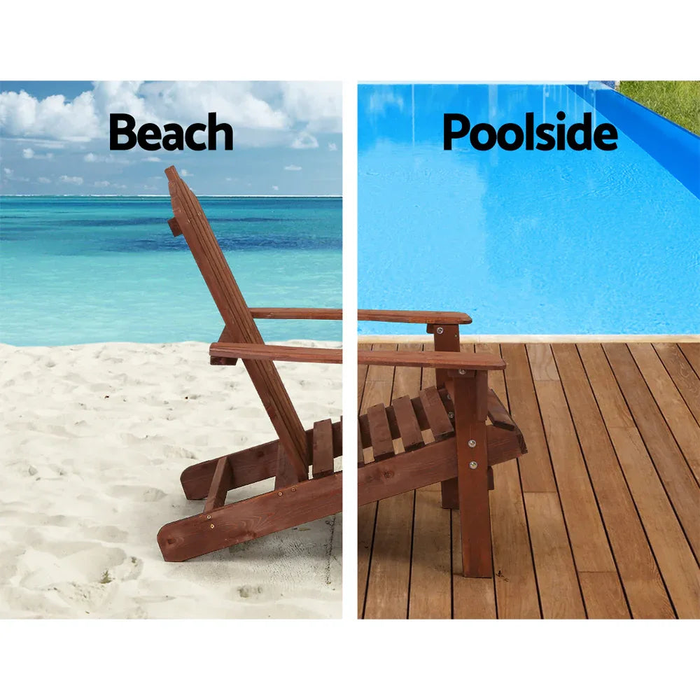 Gardeon 3PC Adirondack Outdoor Table and Chairs Wooden Beach Chair Brown - Mekamart Australia