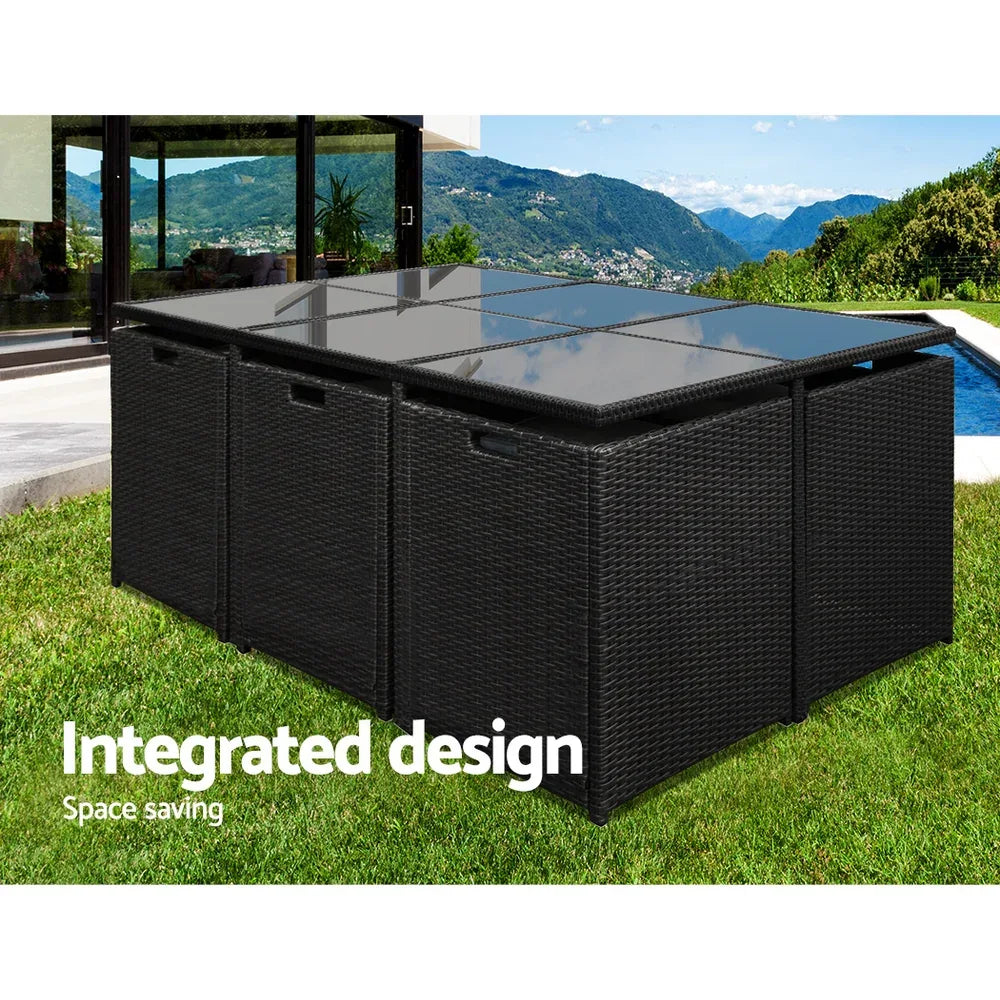 Gardeon Outdoor Dining Set 11 Piece Wicker Table Chairs Setting Black - Mekamart Australia