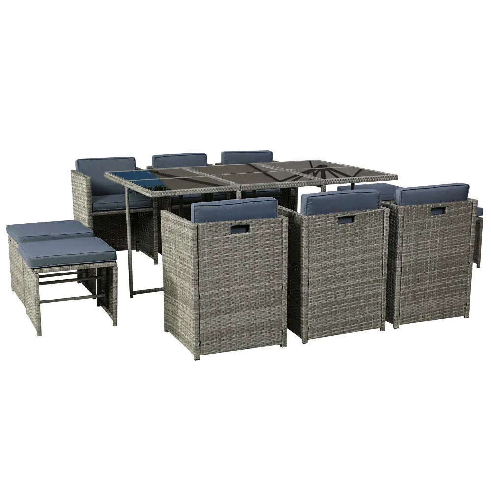 Gardeon Outdoor Dining Set 11 Piece Wicker Table Chairs Setting Grey - Mekamart Australia
